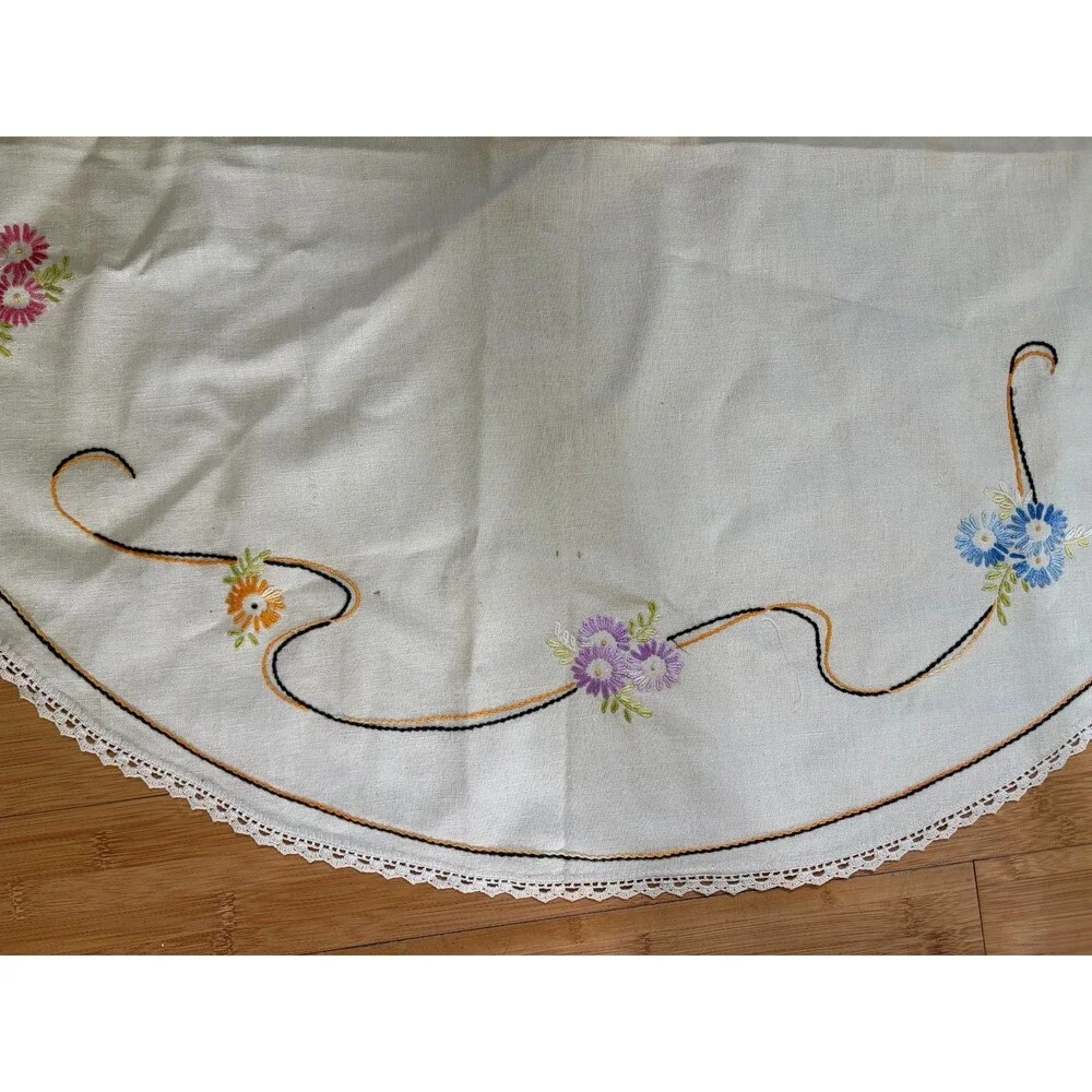 Vintage Needlepoint Table Cover Round Floral Basket Ribbon Lace Trim 35